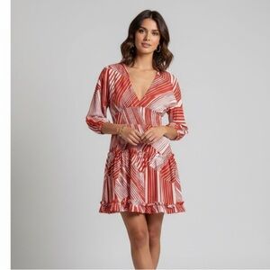 NWT Neiman Marcus Red White Abstract Stripe V-Neck Mini Dress | Size L